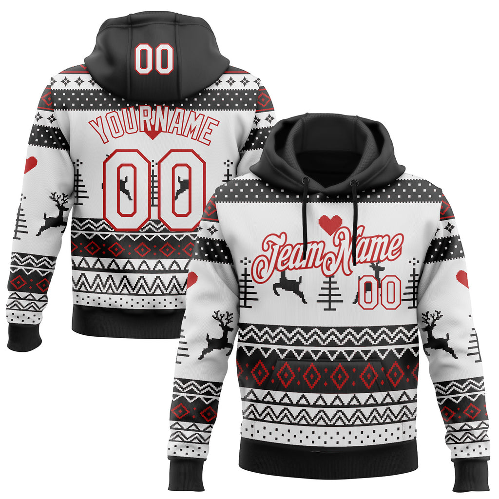 Custom White Black-Red Christmas Retro Reindeer Pullover Sweatshirt Hoodie
