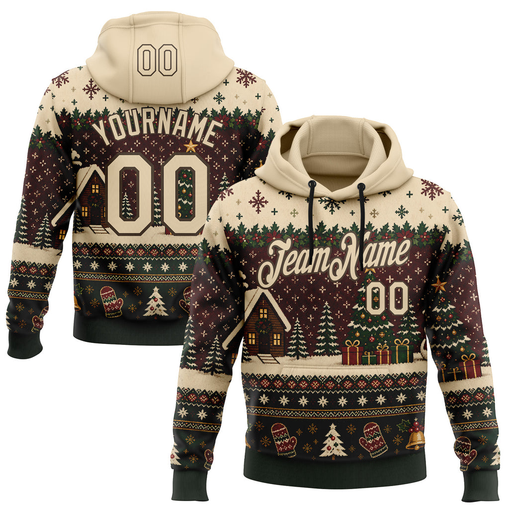 Custom Brown-City Cream Christmas Cottage Pullover Sweatshirt Hoodie
