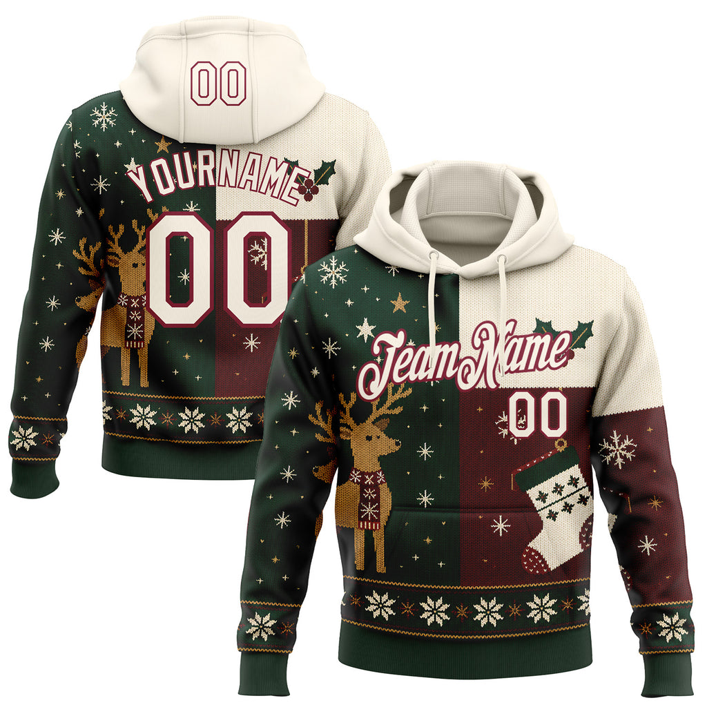 Custom Green Cream-Crimson Christmas Retro Reindeer Pullover Sweatshirt Hoodie