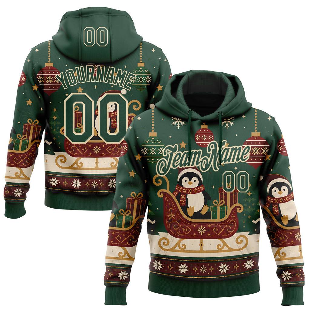 Custom Green-Cream Christmas Penguin Pullover Sweatshirt Hoodie