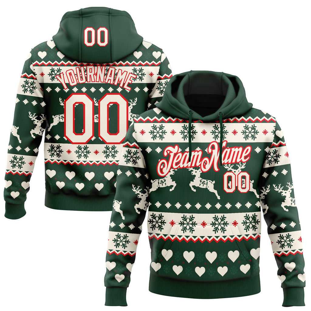 Custom Green Cream-Fire Red Christmas Retro Reindeer Pullover Sweatshirt Hoodie