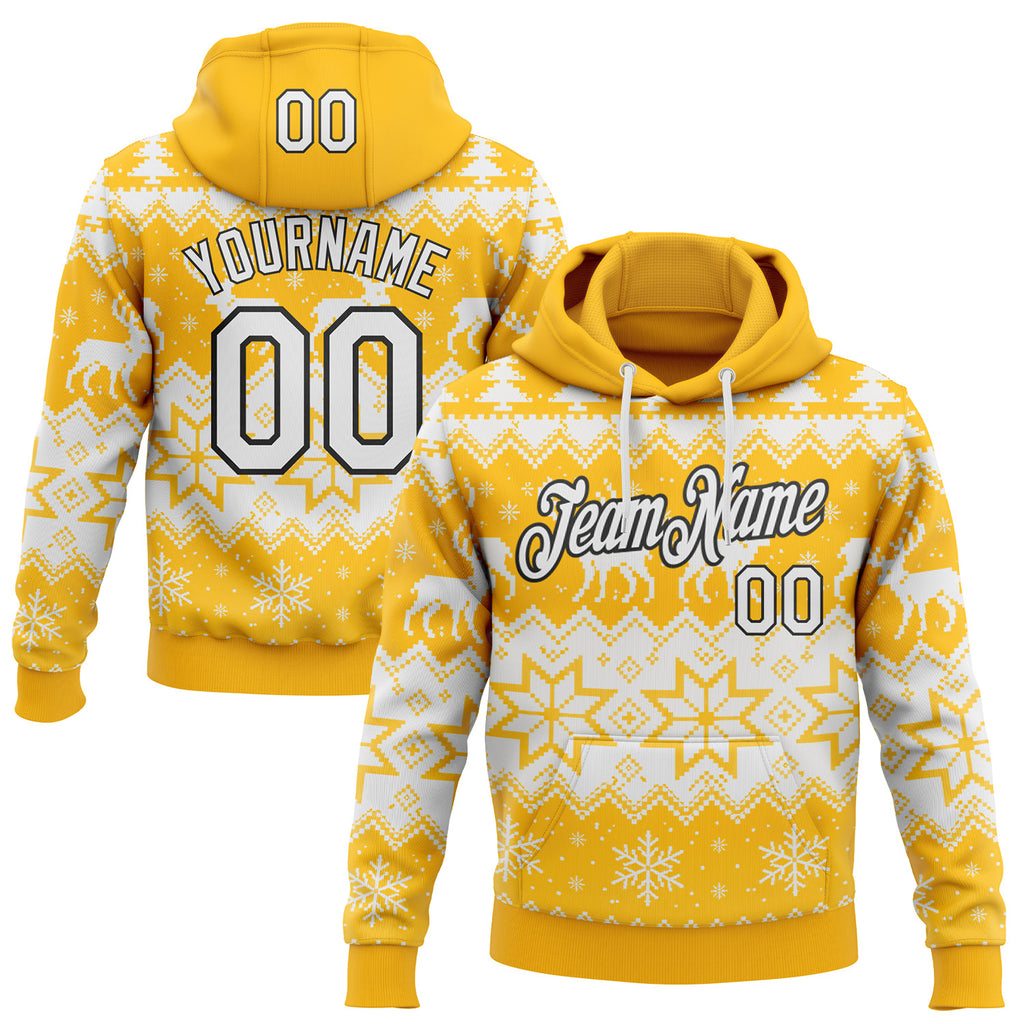 Custom Gold White-Black Christmas Retro Reindeer Pullover Sweatshirt Hoodie