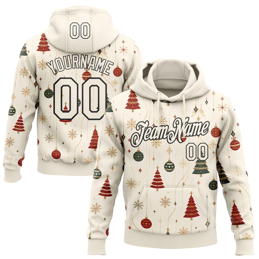 Custom Cream-Black Christmas Tree Pullover Sweatshirt Hoodie