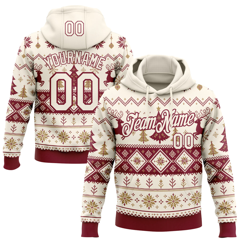 Custom Cream-Crimson Christmas Ugly Sweater Pullover Sweatshirt Hoodie