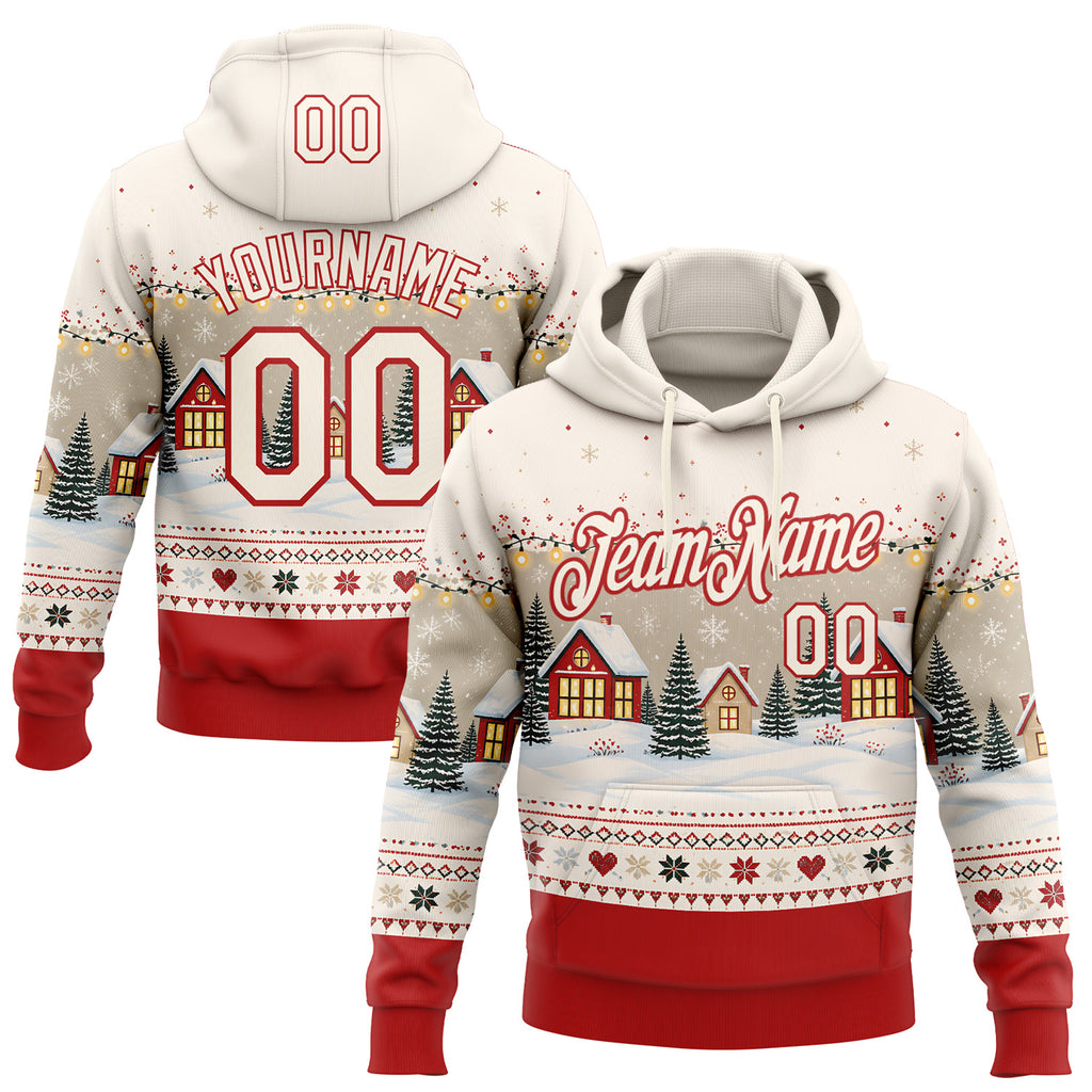 Custom Cream-Red Christmas Cottage Pullover Sweatshirt Hoodie