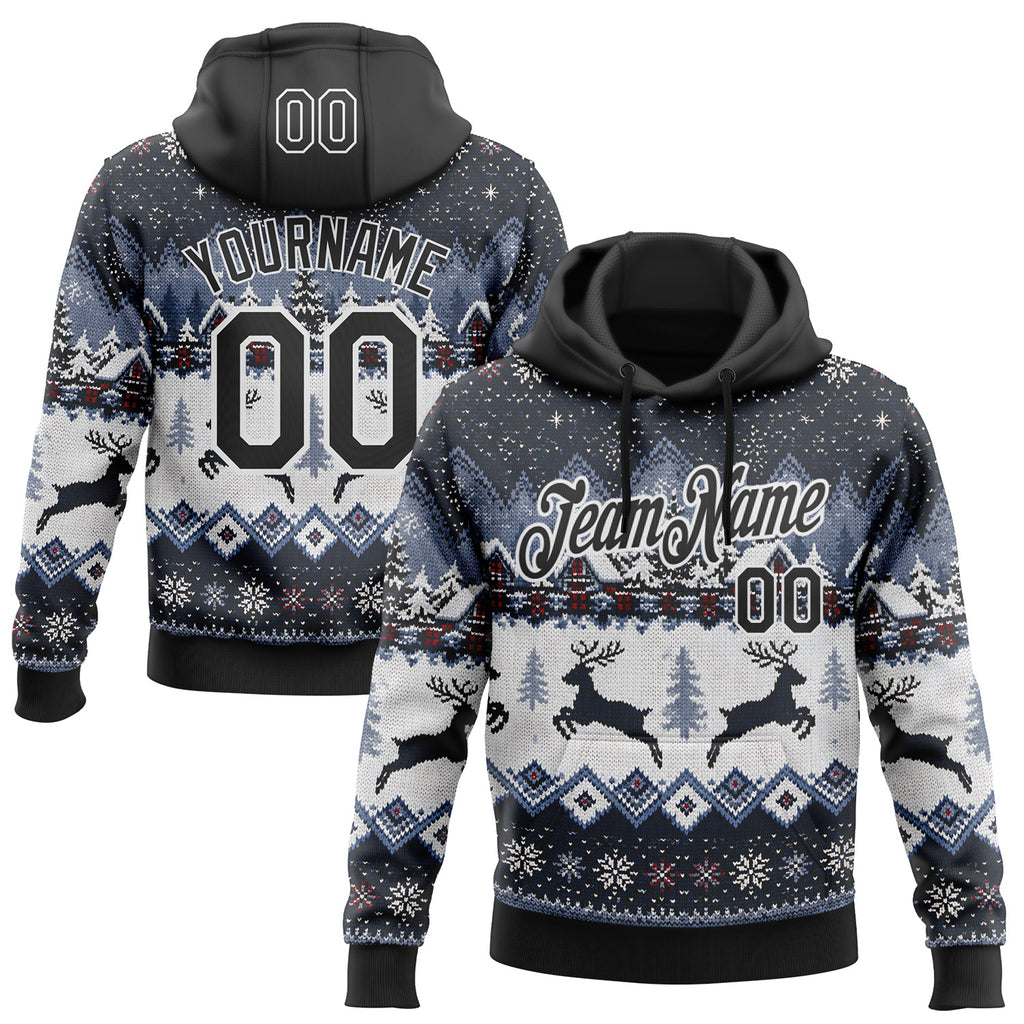 Custom Black-White Christmas Retro Reindeer Pullover Sweatshirt Hoodie