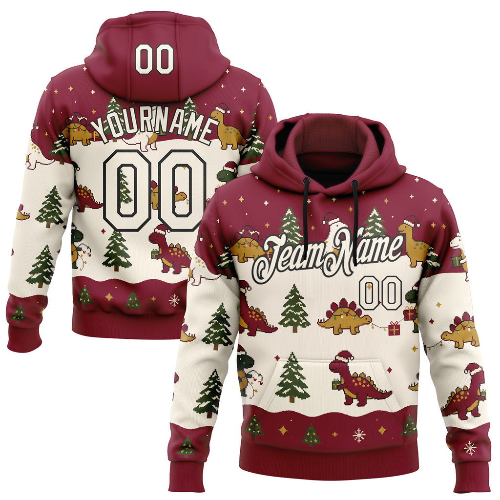 Custom Crimson Cream-Black Christmas Dinosaur Pullover Sweatshirt Hoodie