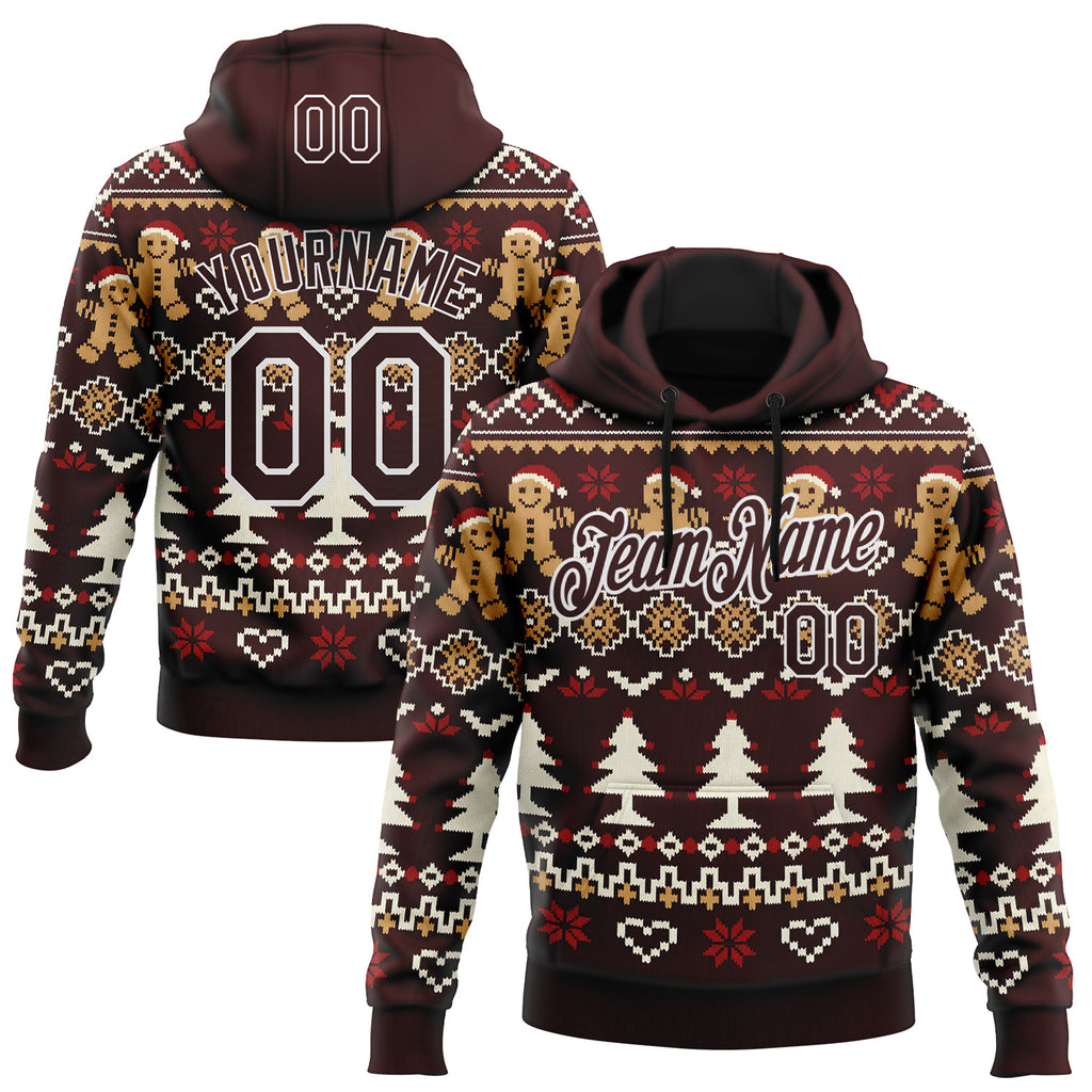 Custom Brown-White Christmas Gingerbread Pullover Sweatshirt Hoodie