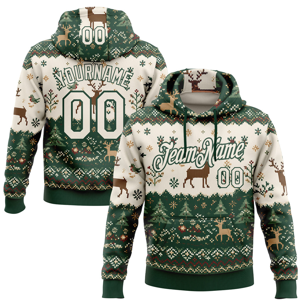 Custom Green-White Christmas Retro Reindeer Pullover Sweatshirt Hoodie