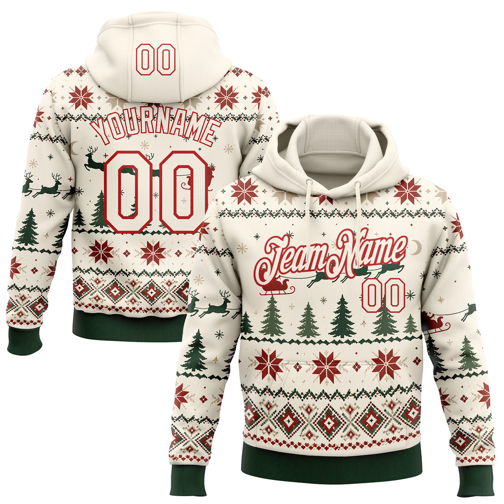 Custom Cream Green-Red Christmas Retro Reindeer Pullover Sweatshirt Hoodie