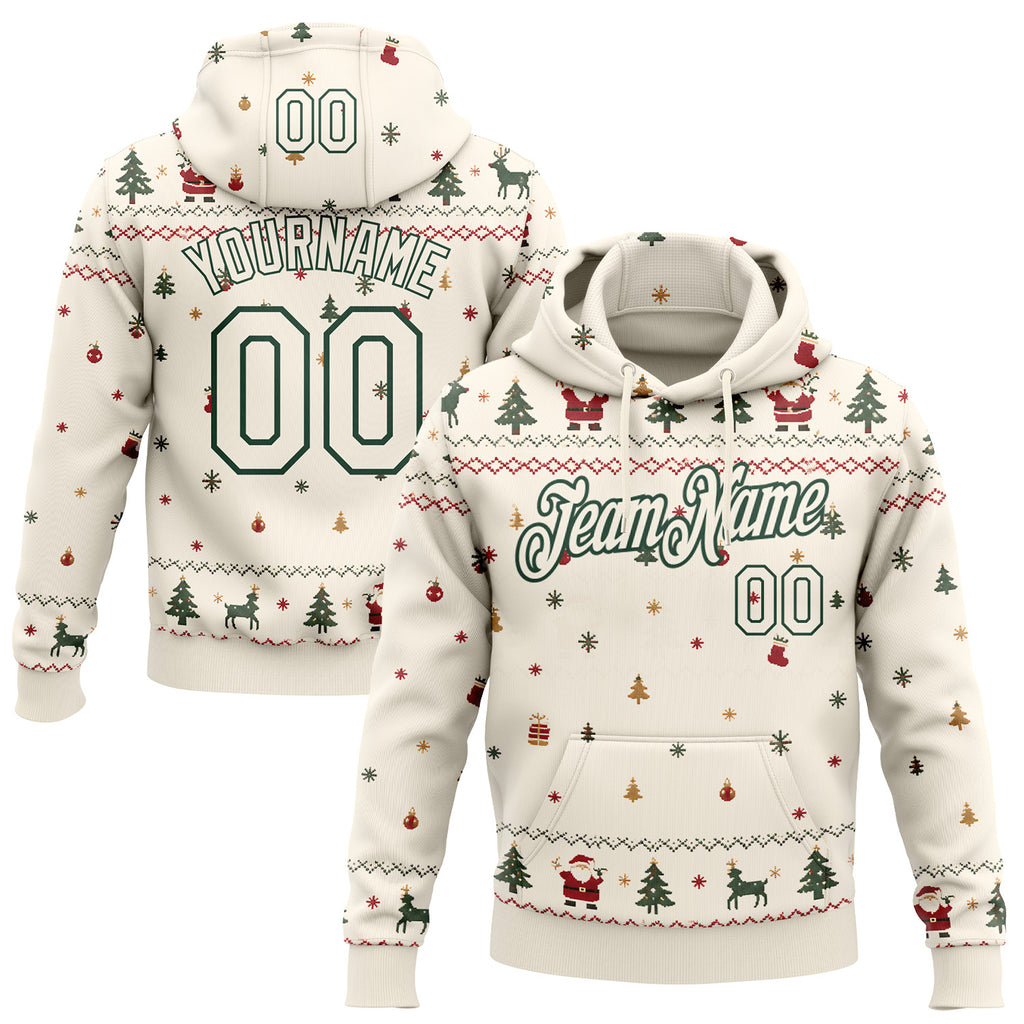 Custom Cream-Green Christmas Tree Pullover Sweatshirt Hoodie