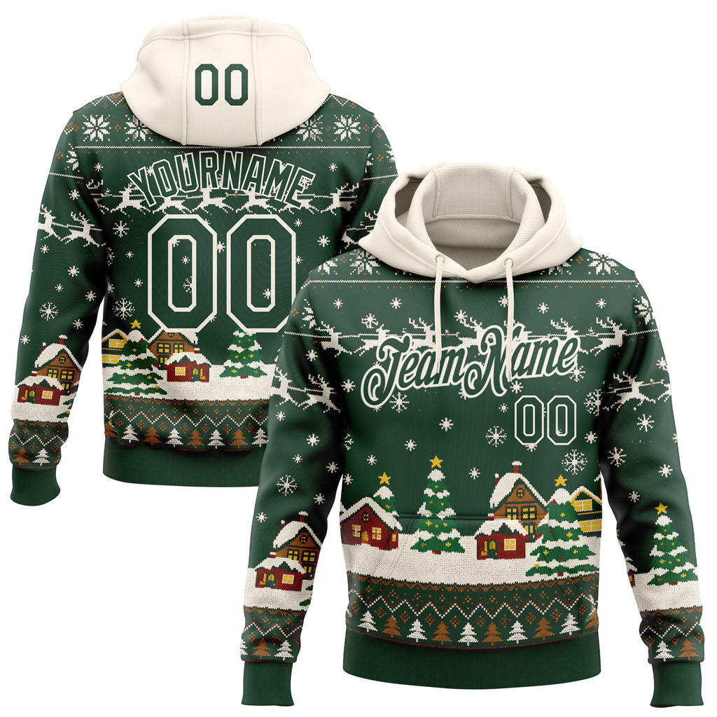 Custom Green-Cream Christmas Village Pullover Sweatshirt Hoodie