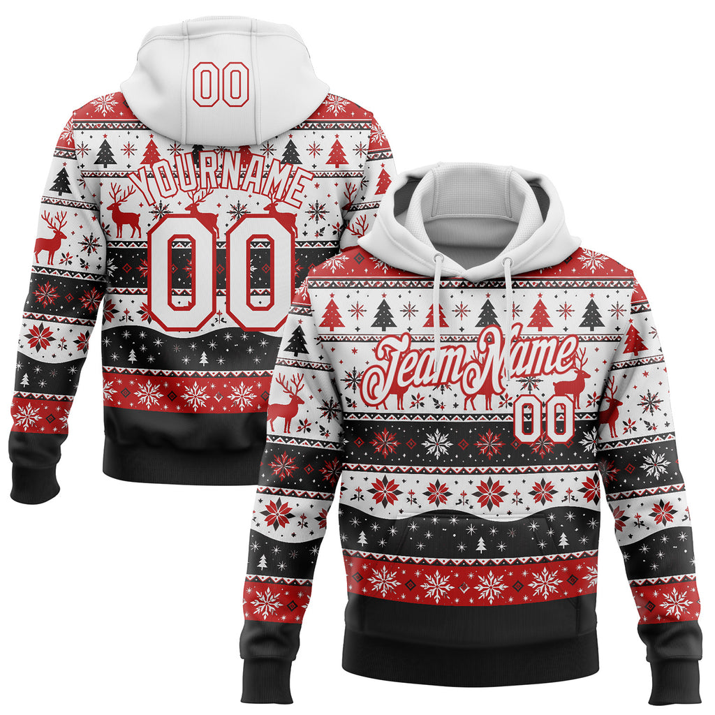 Custom White Black-Red Christmas Retro Reindeer Pullover Sweatshirt Hoodie