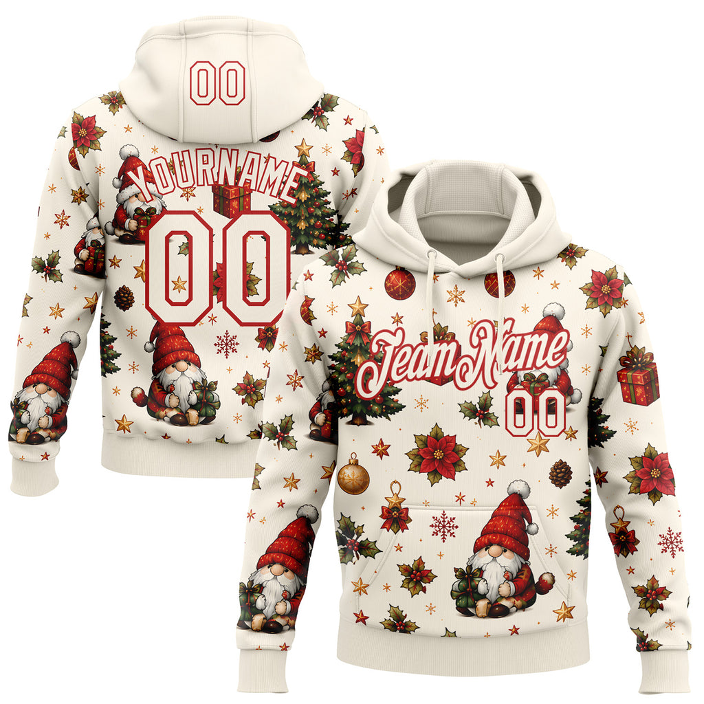 Custom Cream-Red Christmas Santa Claus Holly Pullover Sweatshirt Hoodie