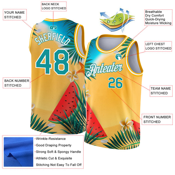 Custom Gold Teal-White 3D Pattern Tropical Beach Hawaii Palm Trees Authentic Basketball Jersey
