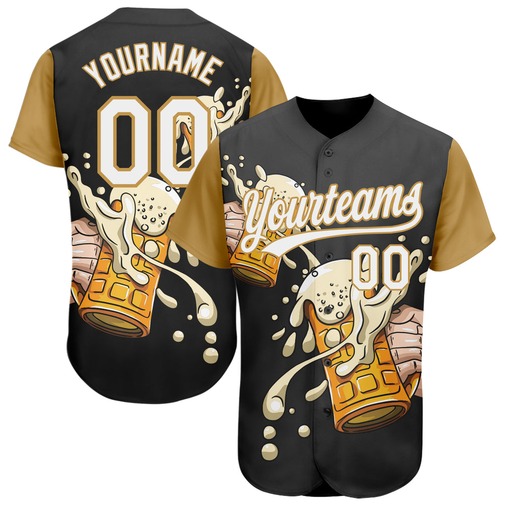 Custom Black White-Old Gold 3D Pattern Design Beer Festival Authentic Baseball Jersey