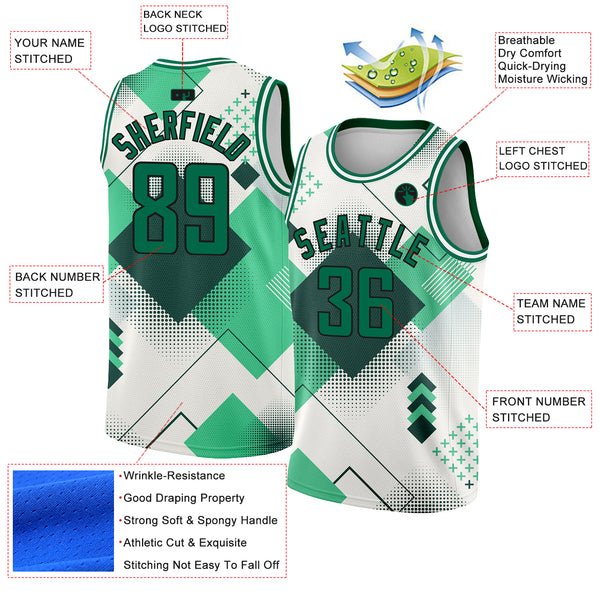 Custom White Kelly Green-Black 3D Pattern Design Geometric Shapes Authentic City Edition Basketball Jersey