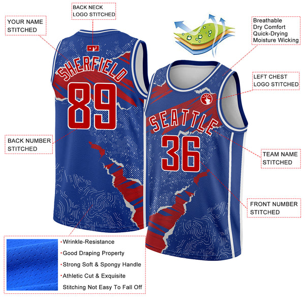 Custom Royal Red-White 3D Pattern Design Torn Paper Style Authentic Basketball Jersey