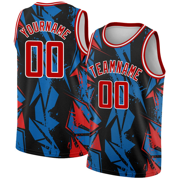 Custom Black Red-Blue 3D Pattern Design Geometric Shapes Authentic Basketball Jersey