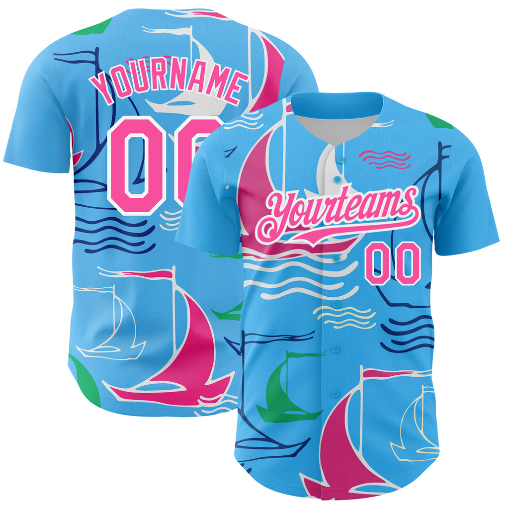 Custom Sky Blue Pink-White 3D Pattern Design Sailing Boats Authentic Baseball Jersey