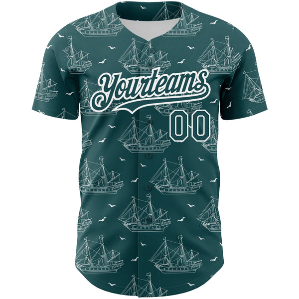 Custom Midnight Green White 3D Pattern Design Ship Frigate With Seagulls Authentic Baseball Jersey