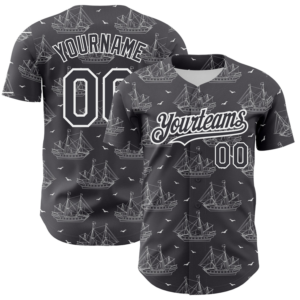 Custom Steel Gray White 3D Pattern Design Ship Frigate With Seagulls Authentic Baseball Jersey