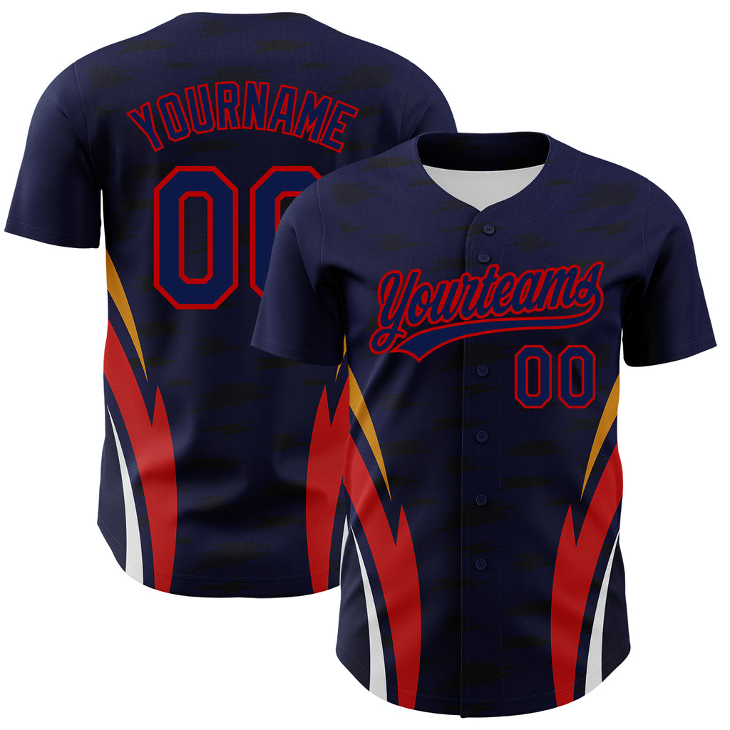 Custom Navy Red 3D Pattern Design Side Stripes Authentic Baseball Jersey
