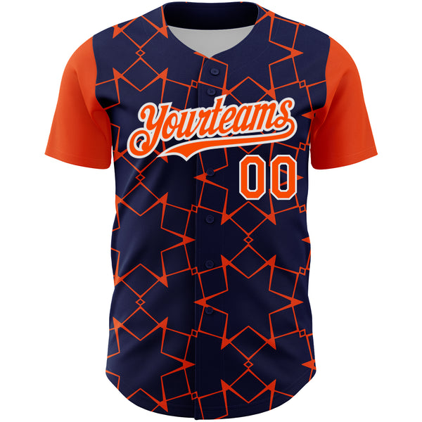 Custom Navy Orange-White 3D Pattern Design Star Lines Authentic Baseball Jersey