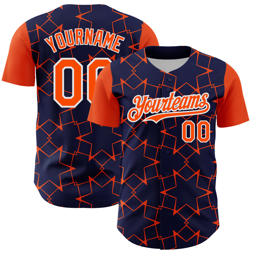 Custom Navy Orange-White 3D Pattern Design Star Lines Authentic Baseball Jersey