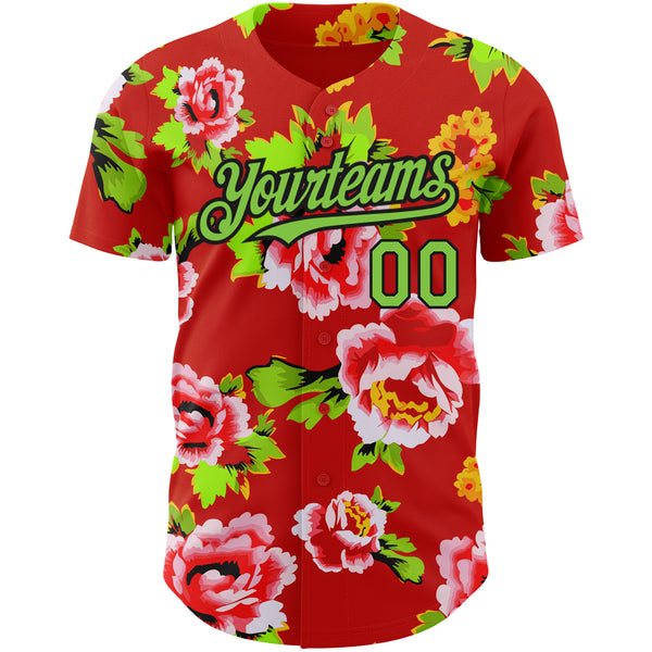 Custom Red Neon Green-Black 3D Pattern Design Northeast China Big Flower Authentic Baseball Jersey