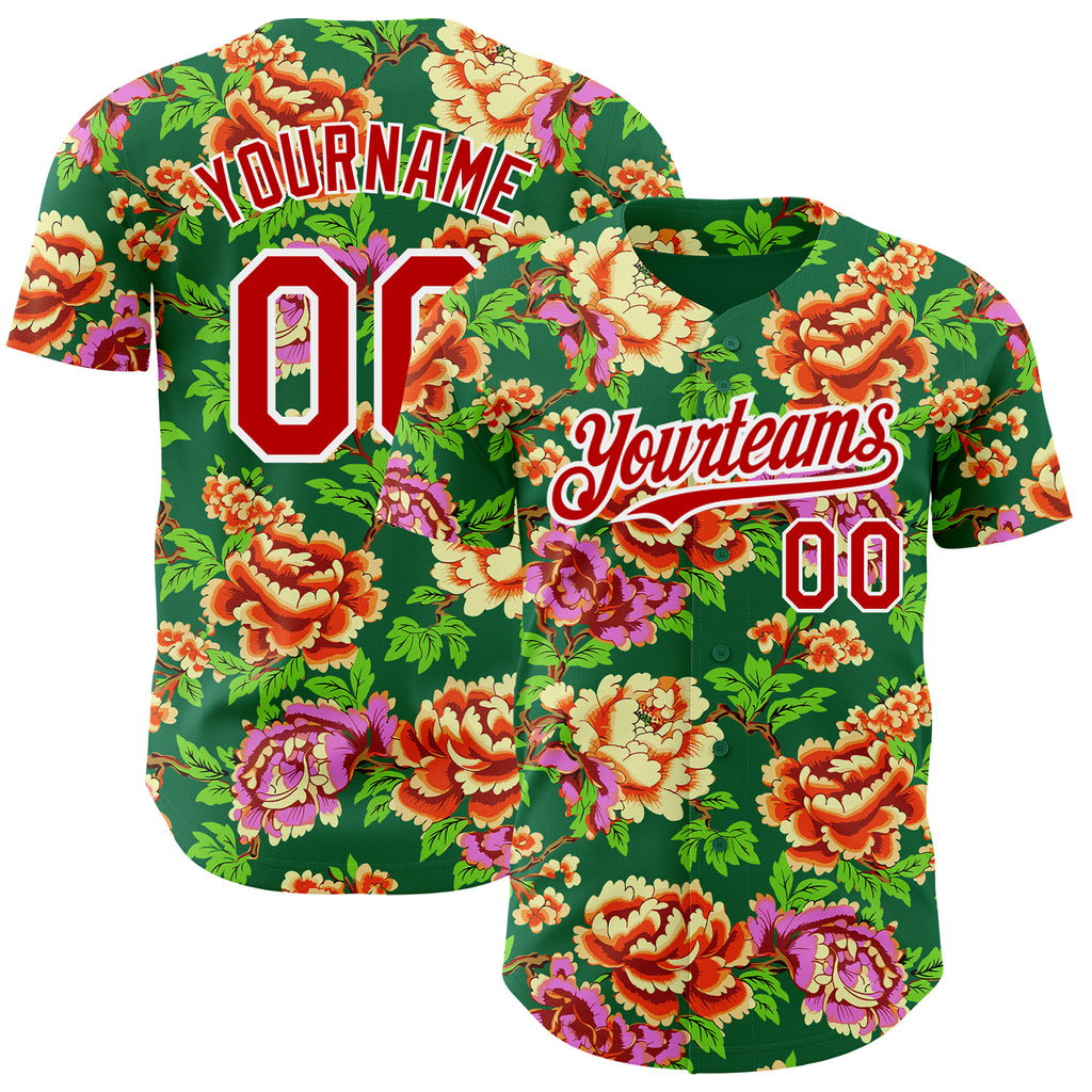 Custom Kelly Green Red-White 3D Pattern Design Northeast China Big Flower Authentic Baseball Jersey