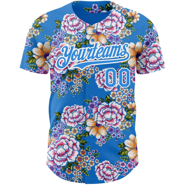 Custom Electric Blue White 3D Pattern Design Northeast China Big Flower Authentic Baseball Jersey