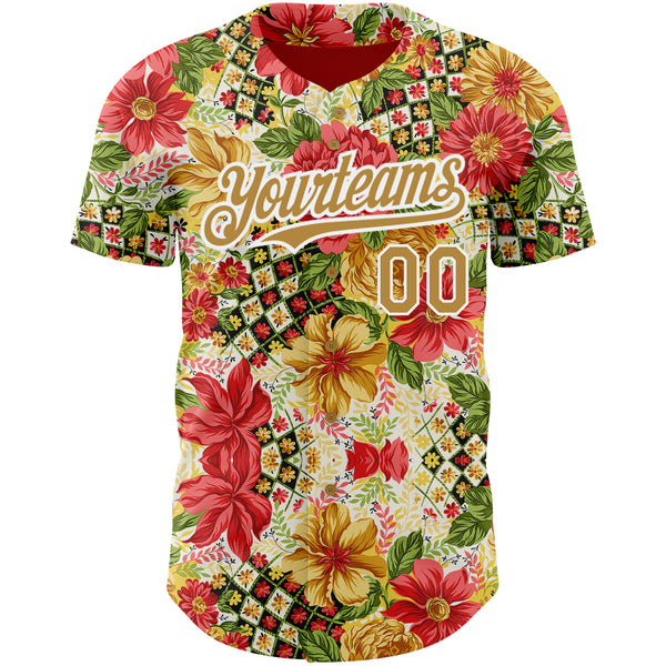 Custom Red Old Gold-White 3D Pattern Design Northeast China Big Flower Authentic Baseball Jersey