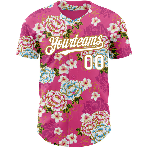 Custom Hot Pink White-Old Gold 3D Pattern Design Northeast China Big Flower Authentic Baseball Jersey