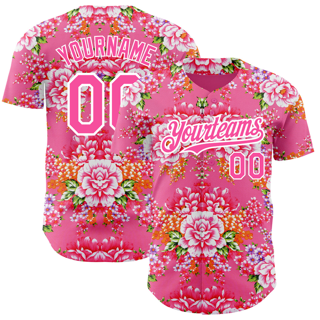 Custom Neon Pink Pink-White 3D Pattern Design Northeast China Big Flower Authentic Baseball Jersey