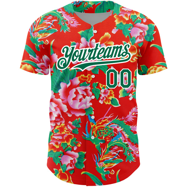 Custom Red Kelly Green-White 3D Pattern Design Northeast China Big Flower Authentic Baseball Jersey