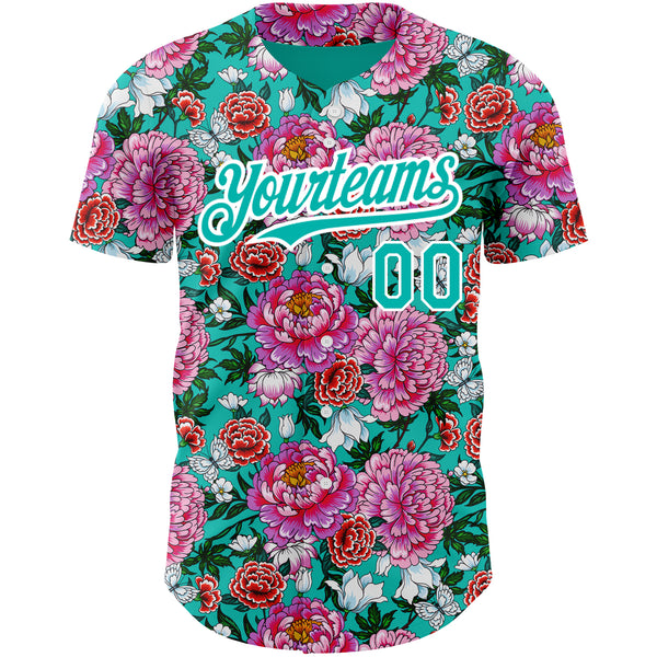 Custom Pink Aqua-White 3D Pattern Design Northeast China Big Flower Authentic Baseball Jersey