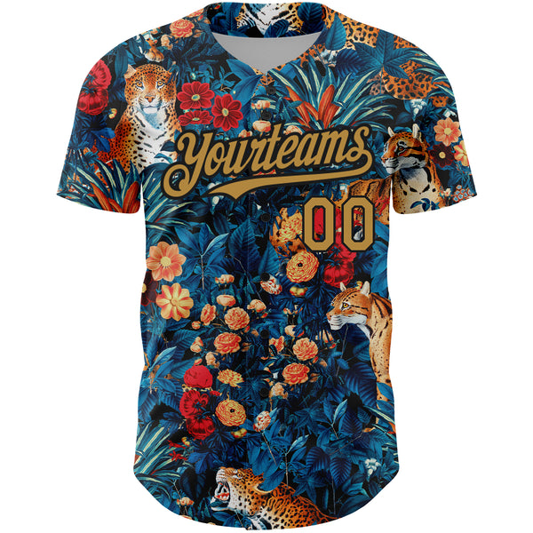 Custom Royal Old Gold-Black 3D Pattern Design Northeast China Big Flower And Leopard Authentic Baseball Jersey