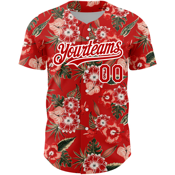 Custom Red White 3D Pattern Design Northeast China Big Flower Authentic Baseball Jersey