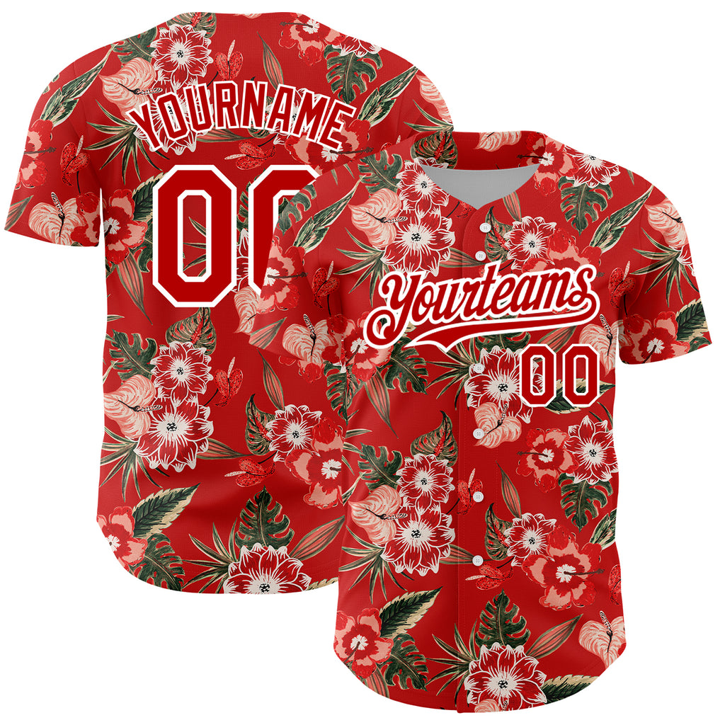 Custom Red White 3D Pattern Design Northeast China Big Flower Authentic Baseball Jersey