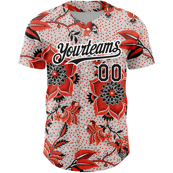 Custom Red Black-White 3D Pattern Design Northeast China Big Flower Authentic Baseball Jersey