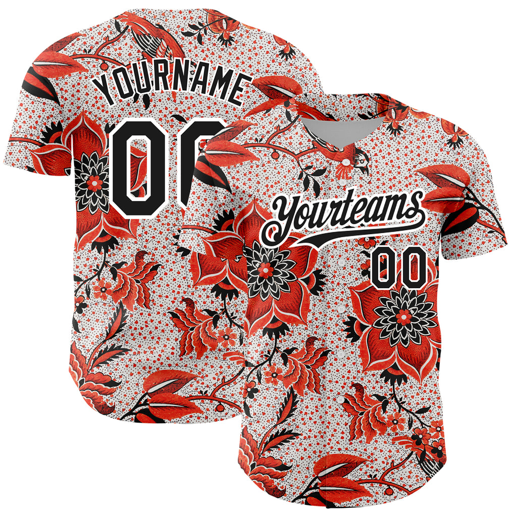 Custom Red Black-White 3D Pattern Design Northeast China Big Flower Authentic Baseball Jersey