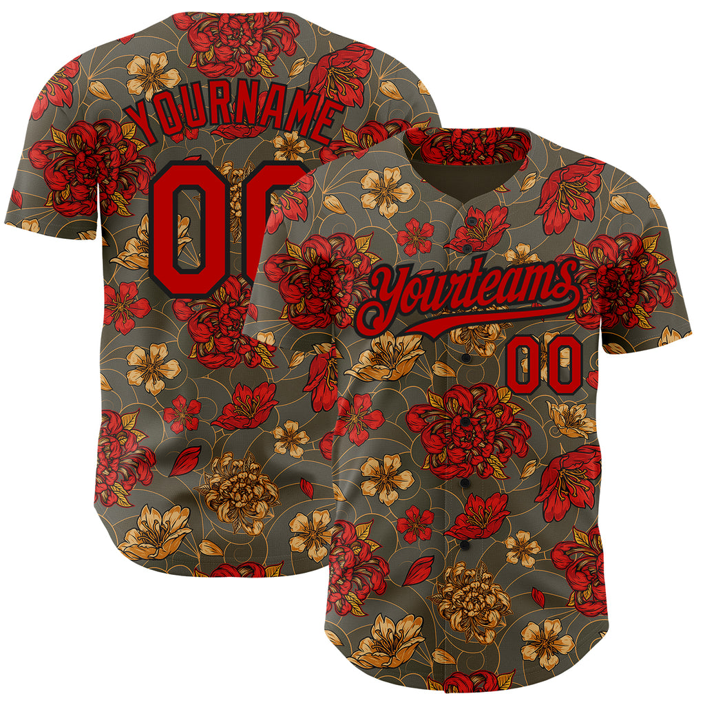 Custom Olive Red-Black 3D Pattern Design Northeast China Big Flower Authentic Baseball Jersey