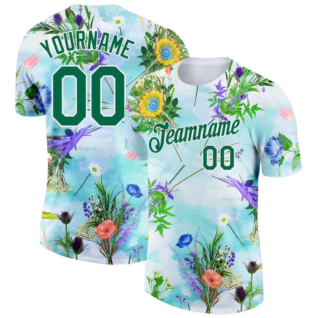 Custom White Kelly Green 3D Pattern Design Flowers Performance T-Shirt