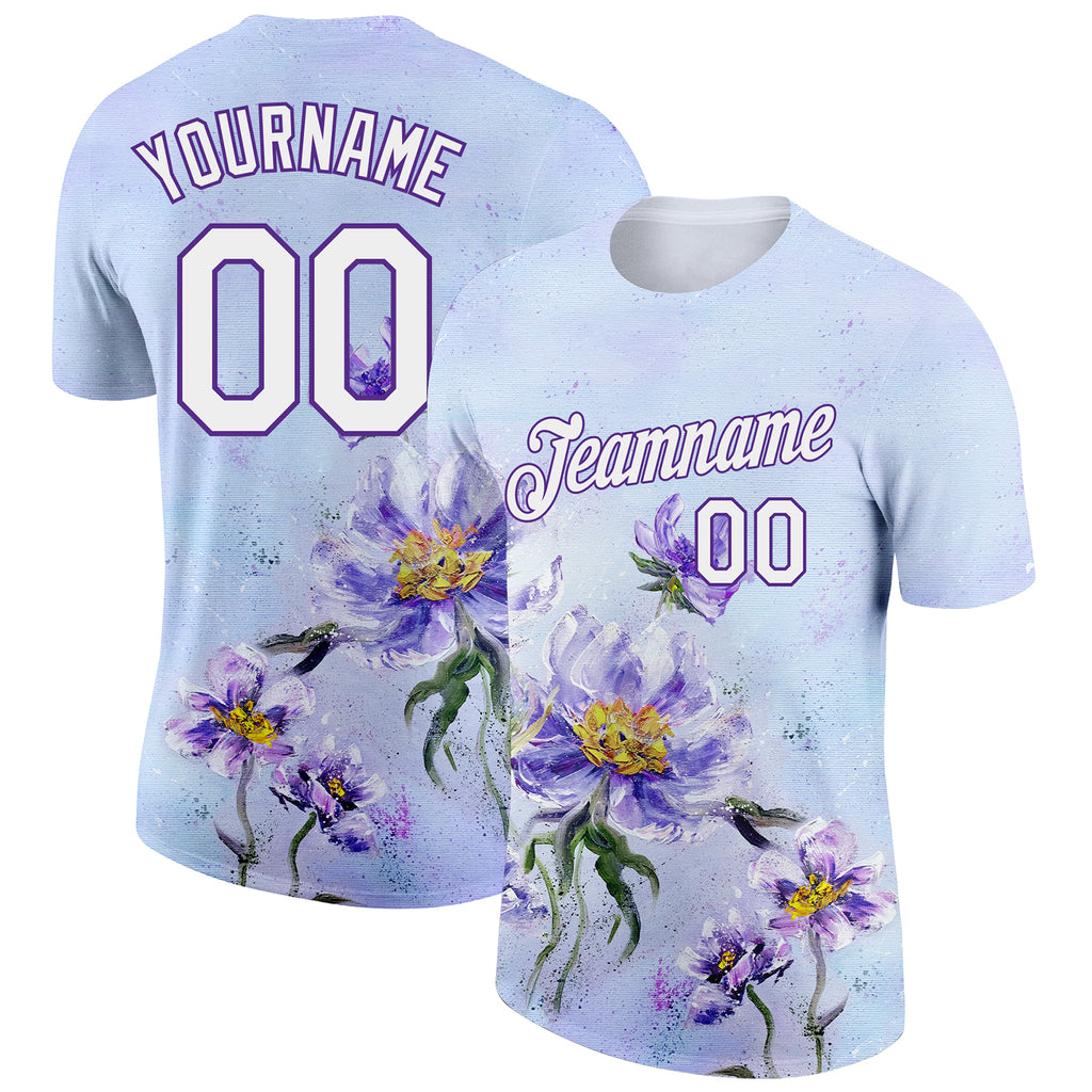 Custom Purple White 3D Pattern Design Flowers Performance T-Shirt