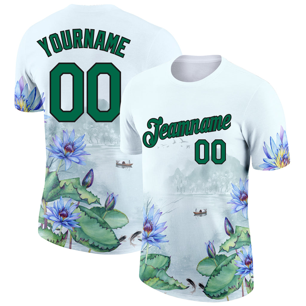 Custom White Kelly Green-Black 3D Pattern Design Flowers Performance T-Shirt