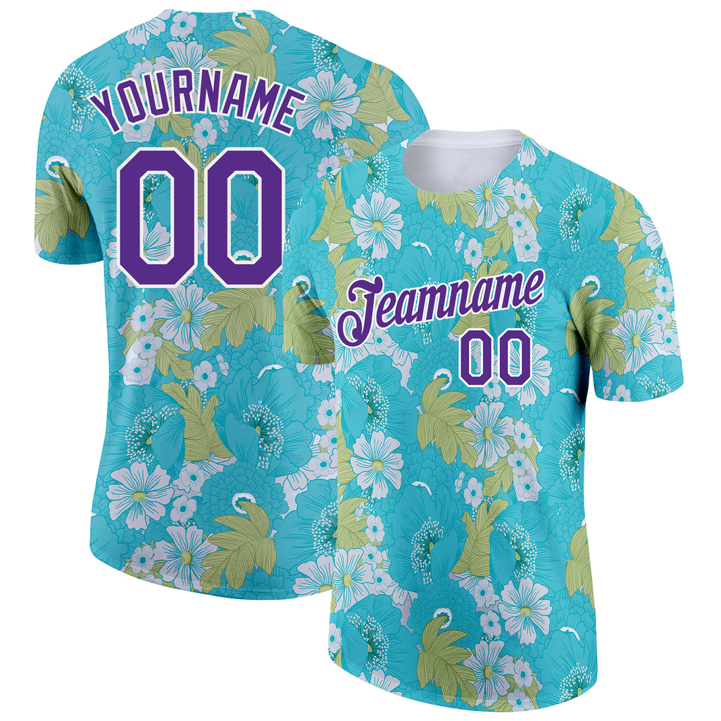 Custom Teal Purple-White 3D Pattern Design Flowers Performance T-Shirt