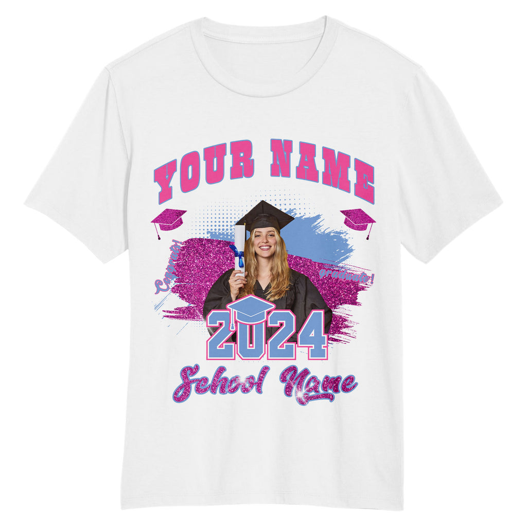 Custom White Pink-Light Blue 3D Graduation Performance T-Shirt