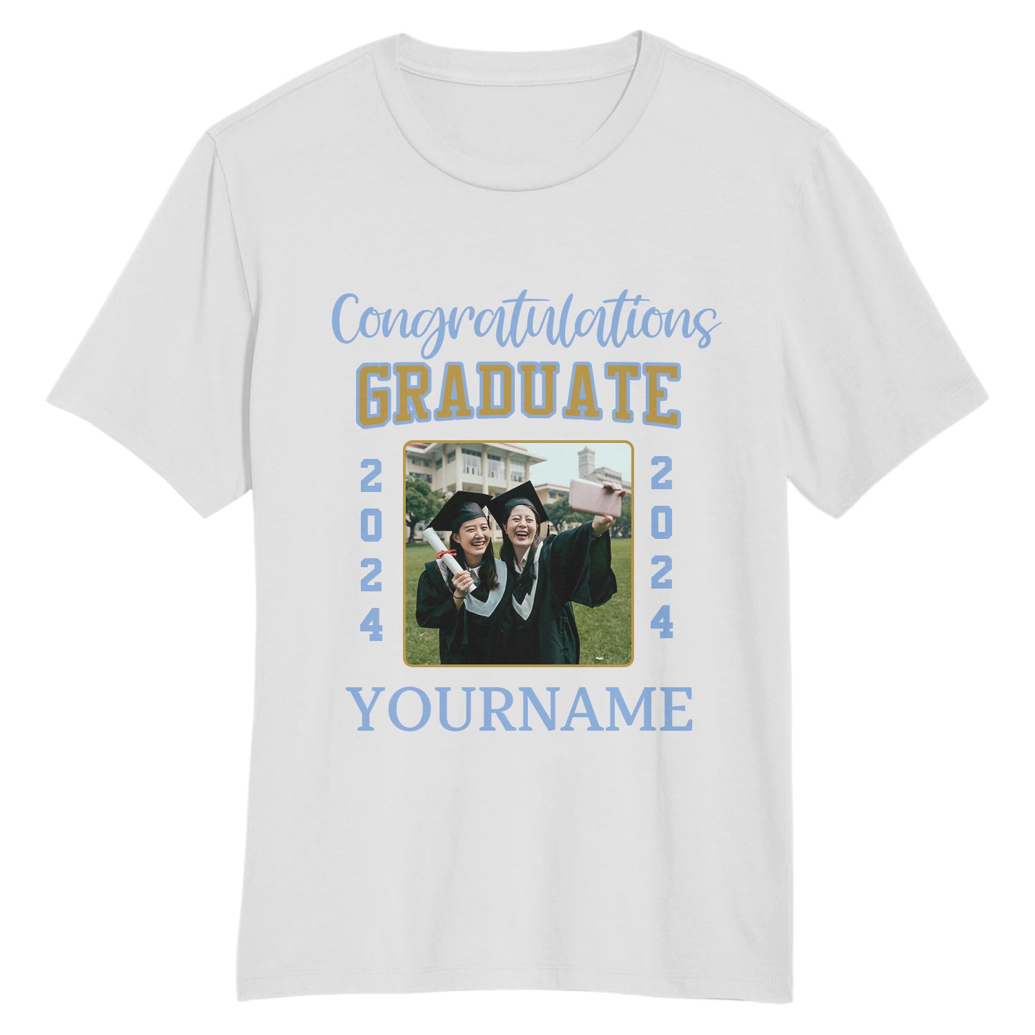 Custom White Light Blue 3D Graduation Performance T-Shirt