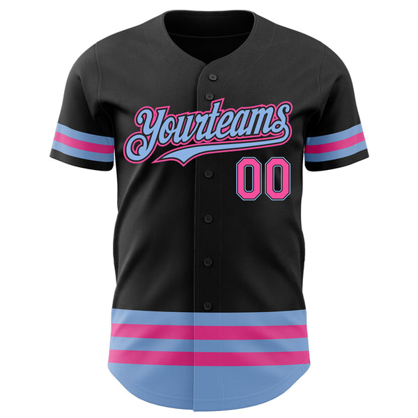Custom Black Pink-Light Blue Stripes Authentic Baseball Jersey